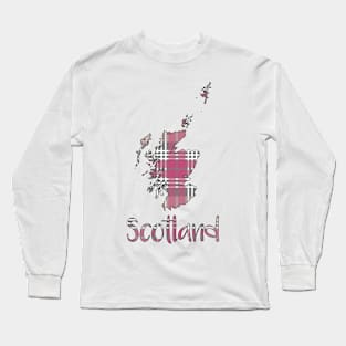 Scotland Pink, White and Grey Tartan Map Typography Design Long Sleeve T-Shirt